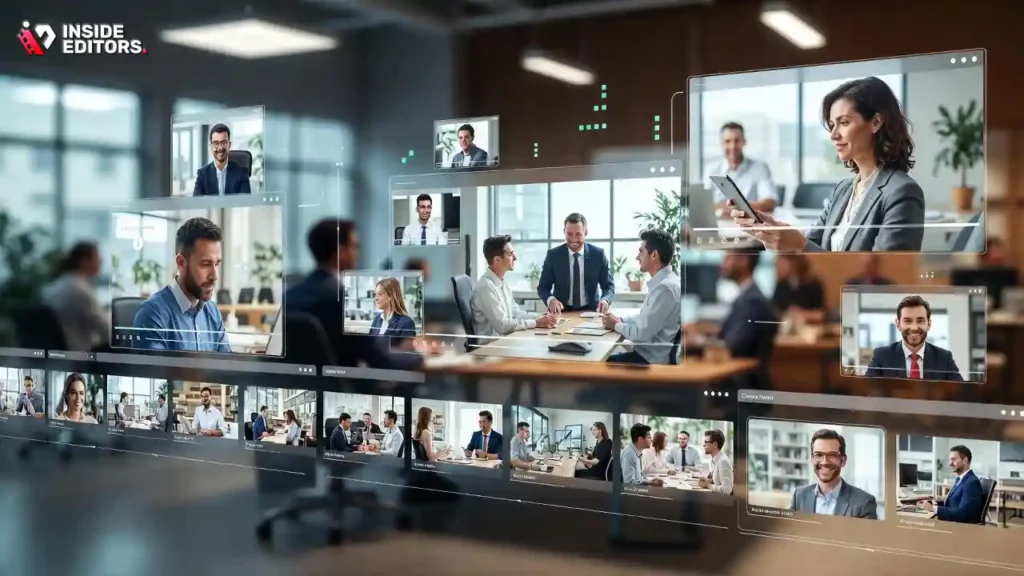 A professional editor reviewing a polished corporate video editing sequence on a large monitor in a modern studio.