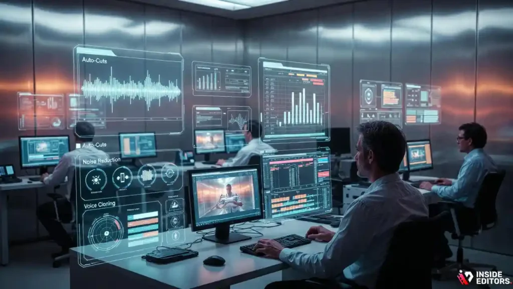 Editors blending AI tools with human creativity to enhance corporate video production.