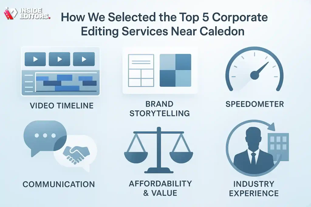 A professional team evaluating corporate video editing services near Caledon to select the top five options.