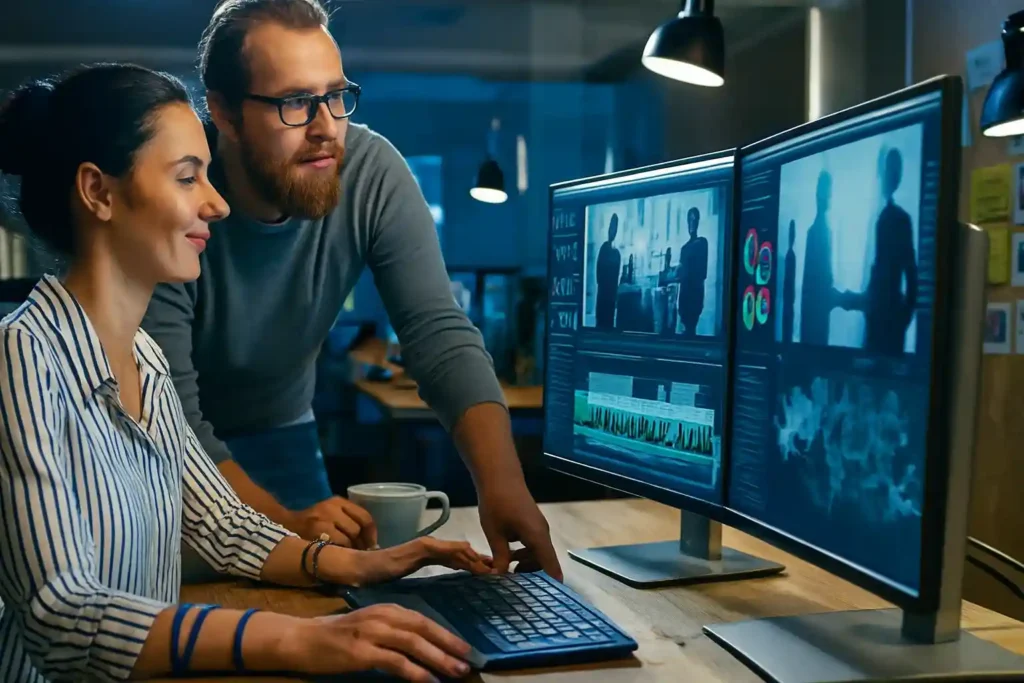 Editor demonstrating the workflow of a top corporate video editing service in Hamilton.