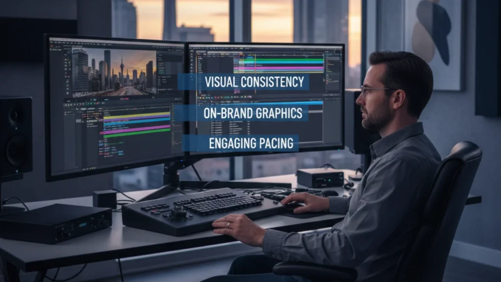 Top-rated corporate video editing service Mississauga team at work.
