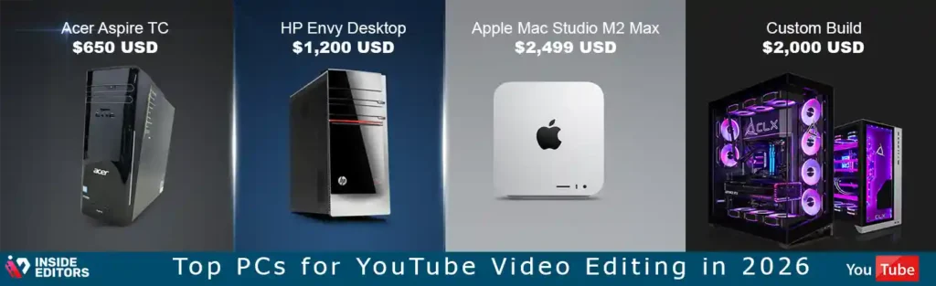 A lineup of high-performance workstations labeled “Top PCs for YouTube video editing in 2026.