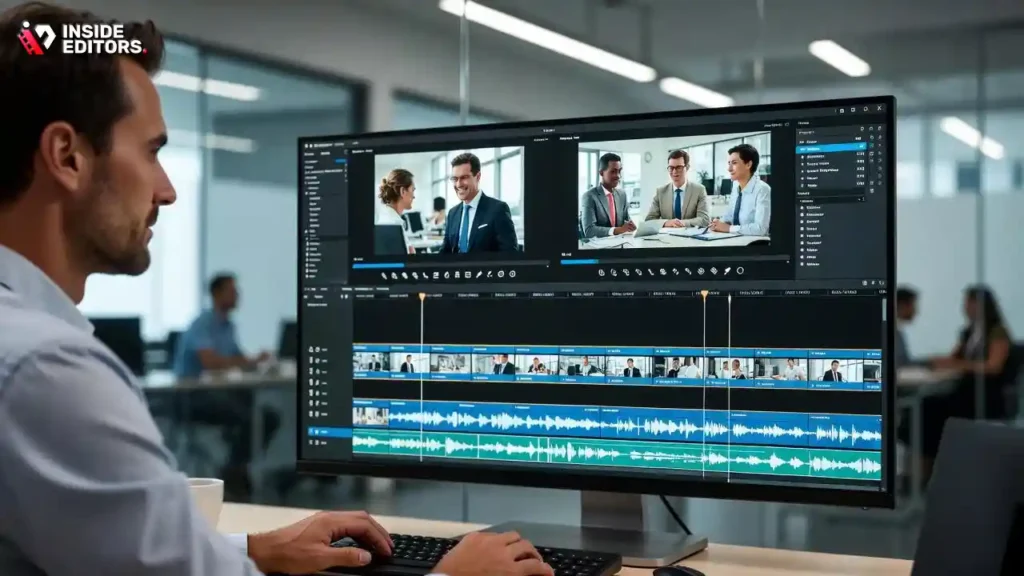 A close-up of a video editor using the razor or selection tool on a digital timeline, focusing on a precise cut point to improve the pace and trimming for impact and flow.