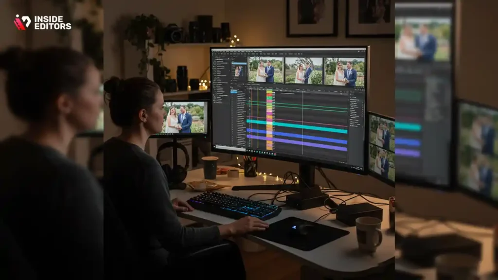 Editor reviewing emotional moments in a wedding video project.
