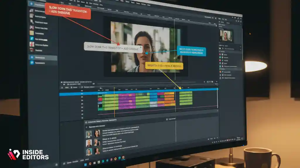 Videographer giving clear feedback to a wedding video editing team.