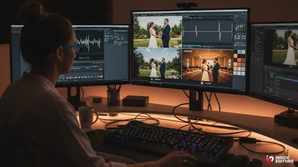 Professional reviewing wedding clips as part of a custom wedding video editing service.