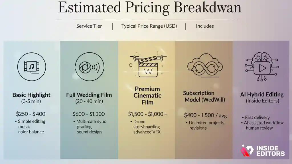 Pricing breakdown for hiring a professional wedding video editing company.