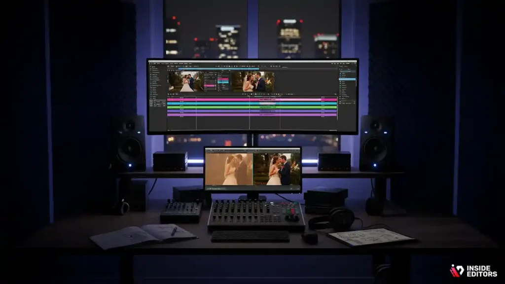 Pricing overview for a custom wedding video editing service displayed on a screen.