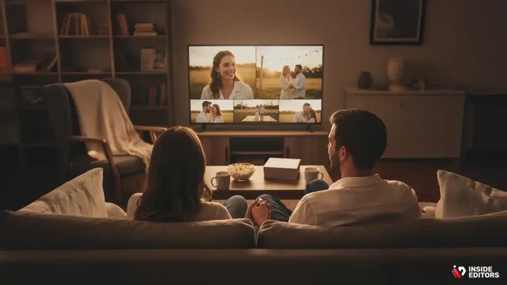 Couple deciding on the editing style that matches their wedding vision.