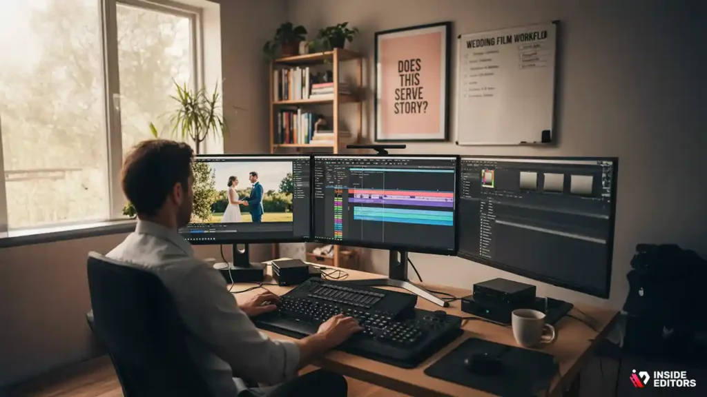 Editor using professional tools and workflow for smooth wedding edits.
