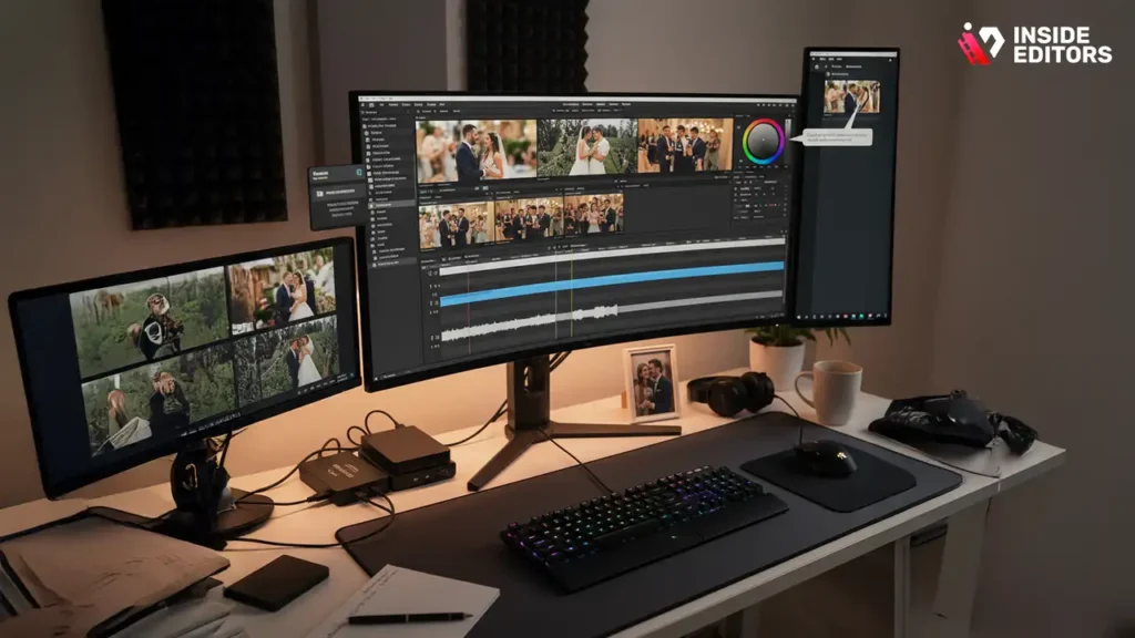 Timeline showing professional wedding video editing stages.