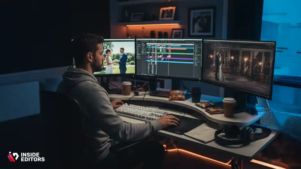 Editor reviewing long wedding footage timeline in editing software.
