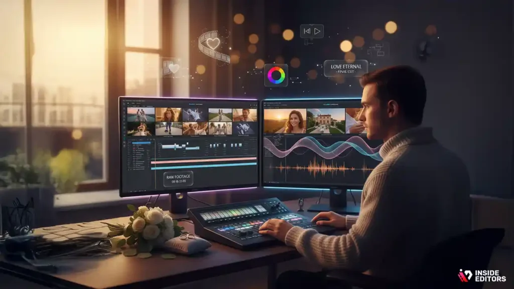 Editor transforming wedding footage into a cinematic story.