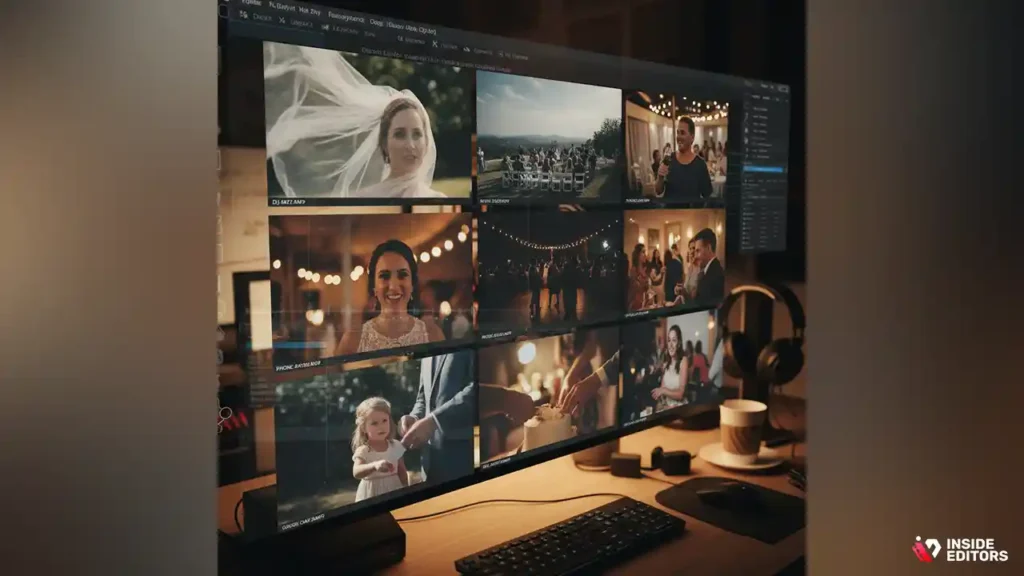 Before-and-after view created through a custom wedding video editing service.