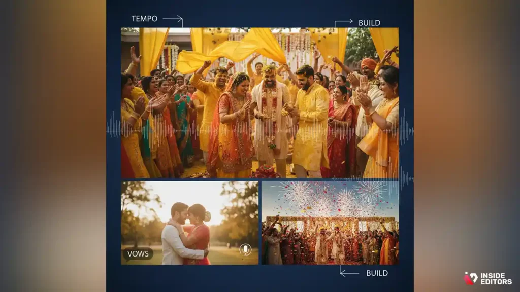 Audio timeline showing waveform adjustments for wedding footage.