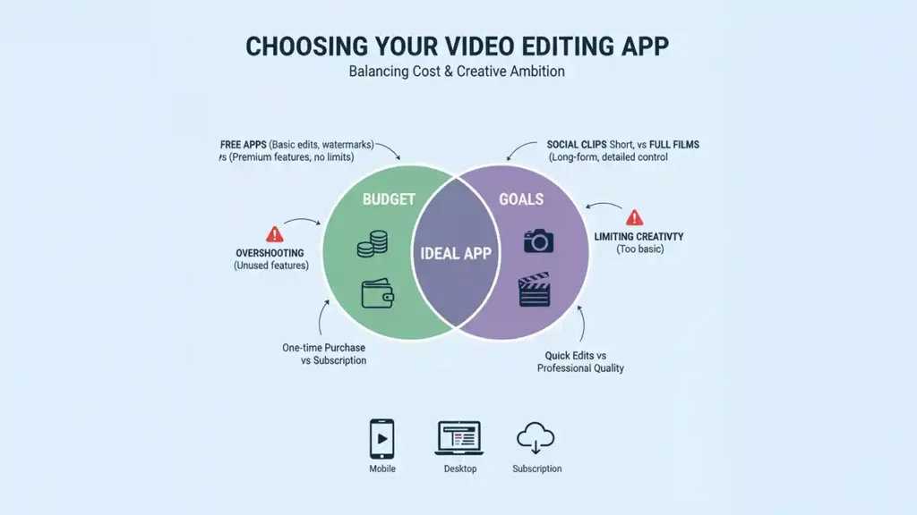 Choosing a wedding video editing app based on budget and goals.