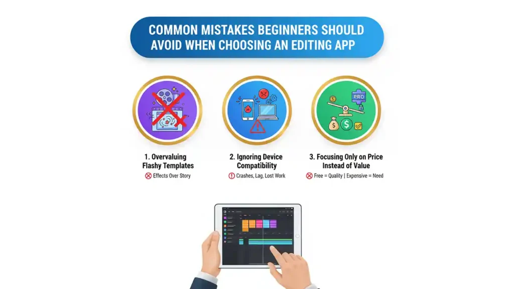 Beginner avoiding common mistakes when selecting a wedding video editing app.