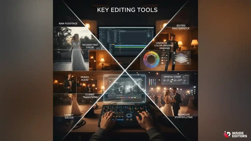Powerful tools inside a wedding video editing app enhancing footage.