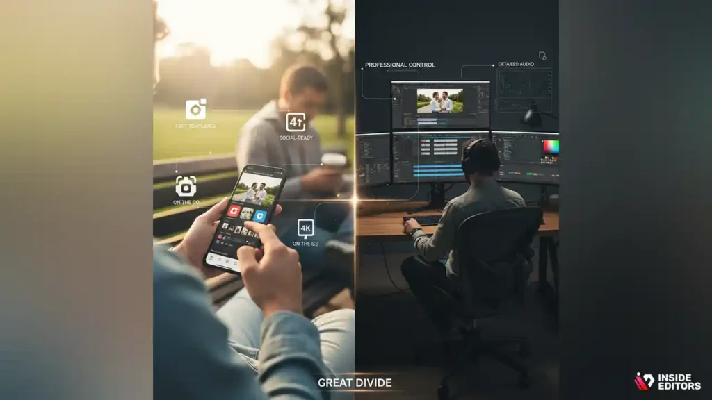 Comparing mobile technology with a desktop wedding video editing app.