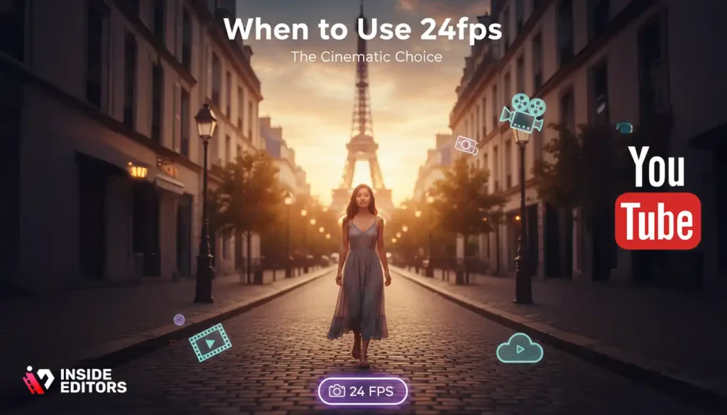 Scene illustrating when creators should use 24fps as the best framerate for YouTube video editing.