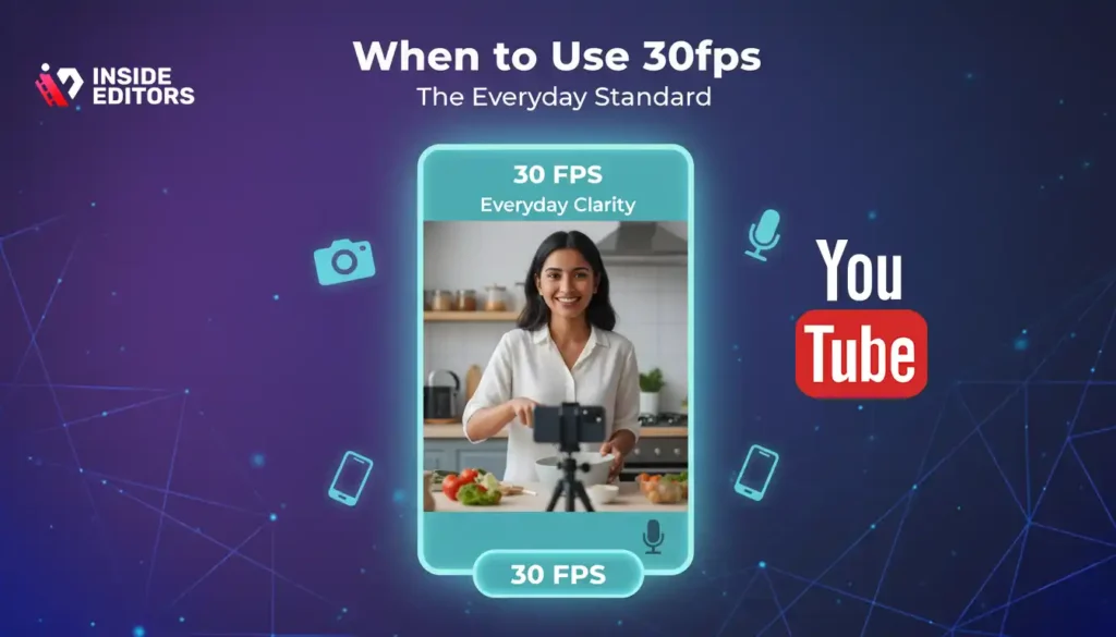 Illustration showing when 30fps is the best framerate for YouTube video editing in everyday content.