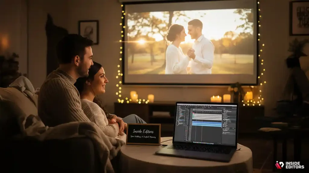 Editor enhancing wedding shots through a custom wedding video editing service.