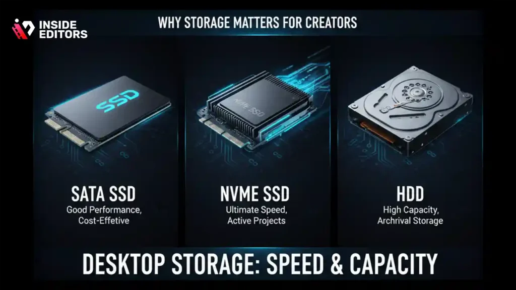 An editor optimizing storage drives to improve speed for YouTube video editing.