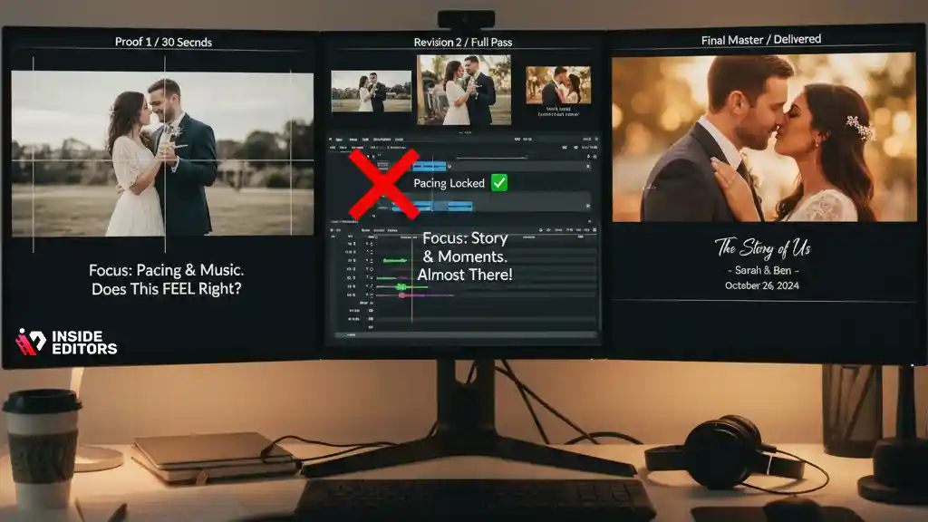 Streamlined process map for wedding video editing work.