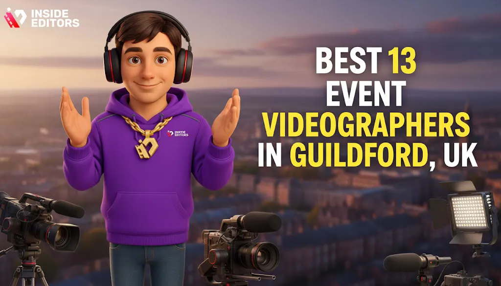 Professional Event Videographers in Guildford, UK setting up equipment at a corporate venue