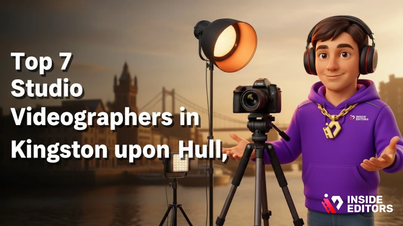 A professional Studio Videographers in Kingston upon Hull, UK setting up lighting equipment in a modern studio space.
