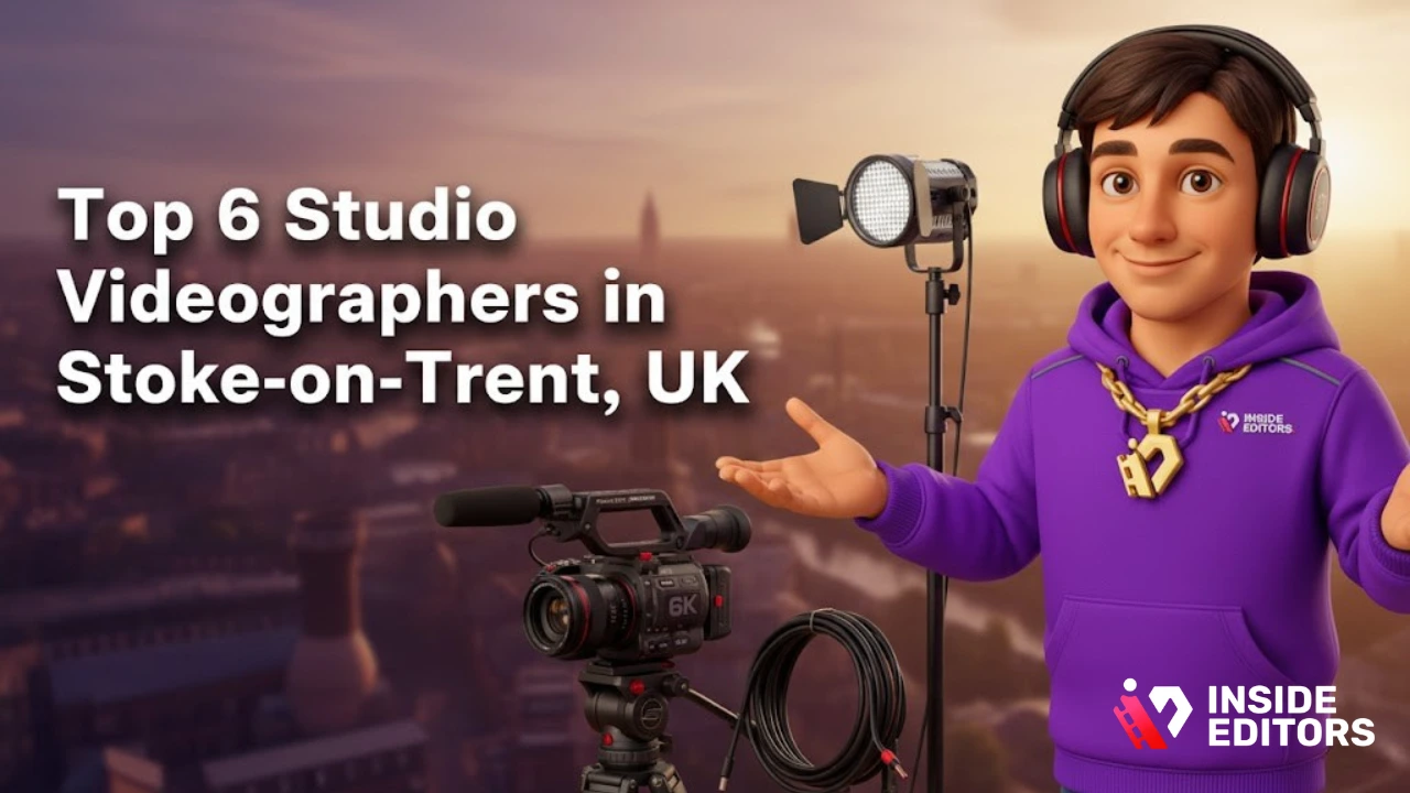 A professional Studio Videographers in Stoke-on-Trent, UK setting up lighting equipment in a soundproof studio.