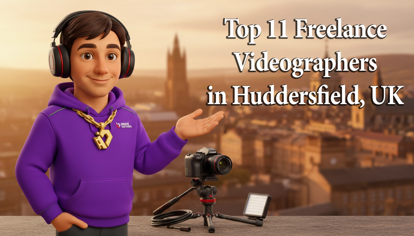 A camera operator filming a subject in front of the Huddersfield skyline, representing the Top 11 Freelance Videographers in Huddersfield, UK.