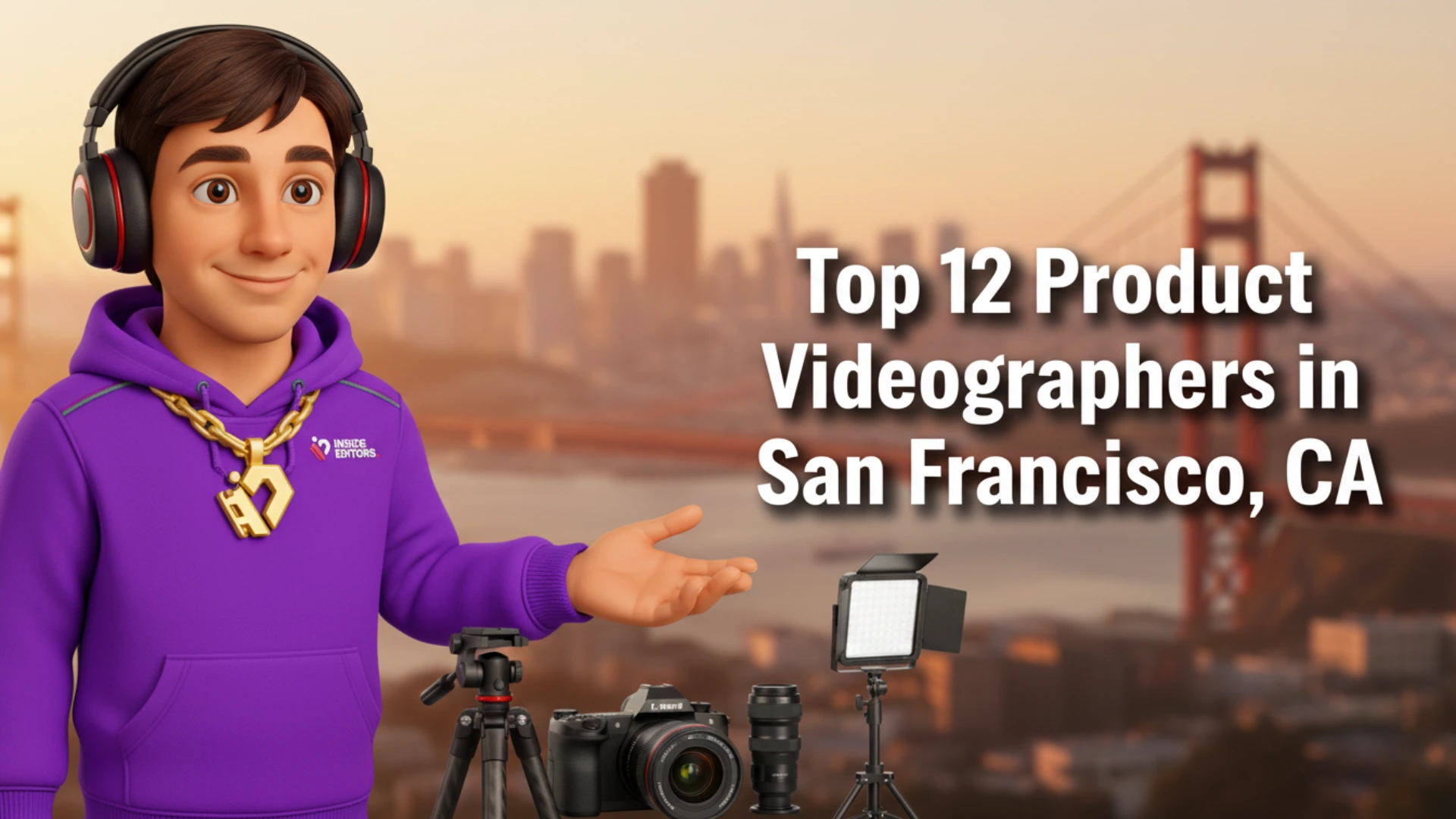 A professional camera crew filming a tech product against the San Francisco skyline, highlighting the Top 12 Product Videographers in San Francisco, CA.