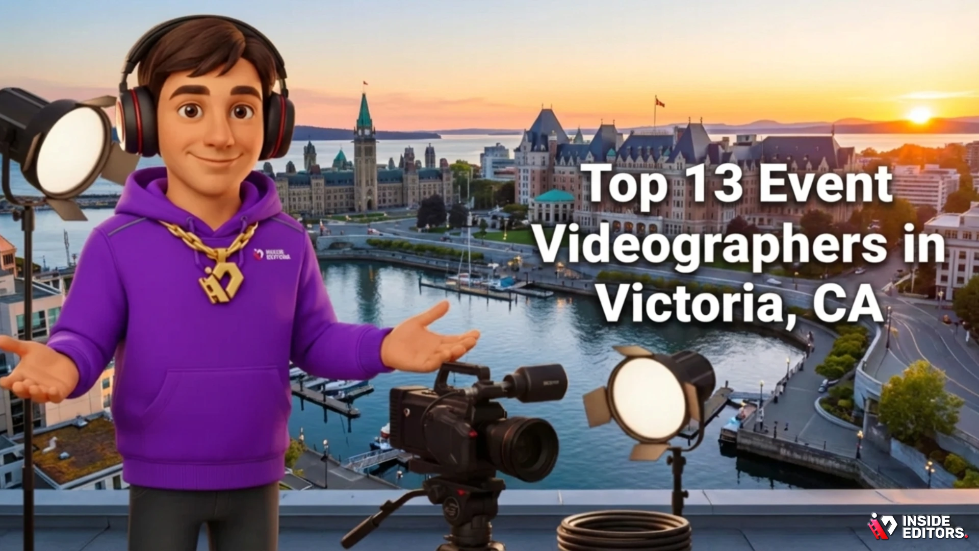 Animated videographer character with text "Top 13 Event Videographers in Victoria, CA".