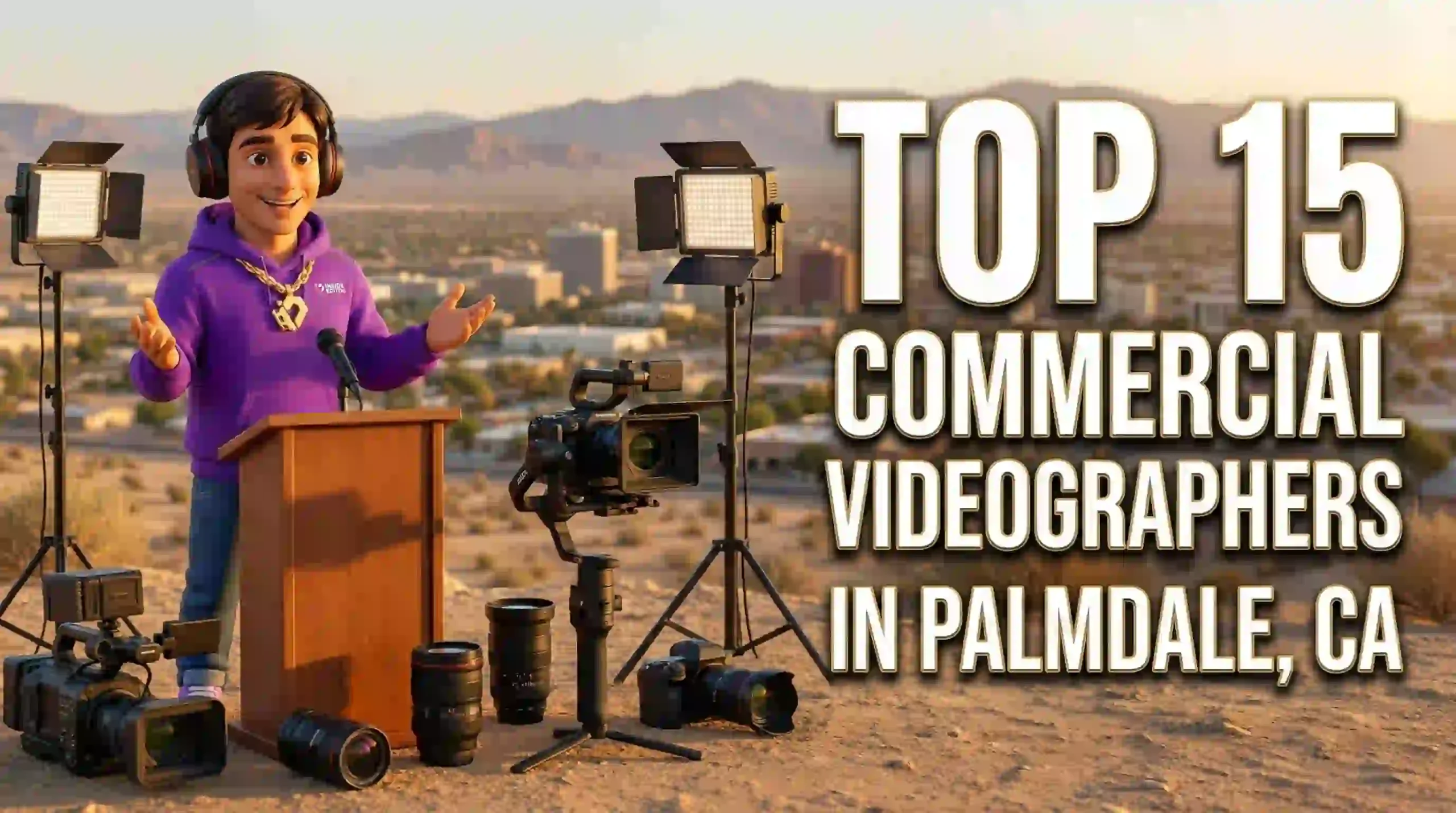Professional Commercial Videographers in Palmdale, CA setting up a shoot near a business park