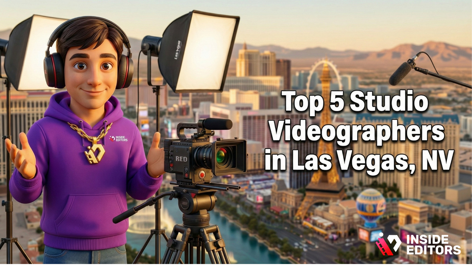 A professional videographer setting up a high-end camera in a modern studio environment, illustrating the Top 5 Studio Videographers in Las Vegas, NV