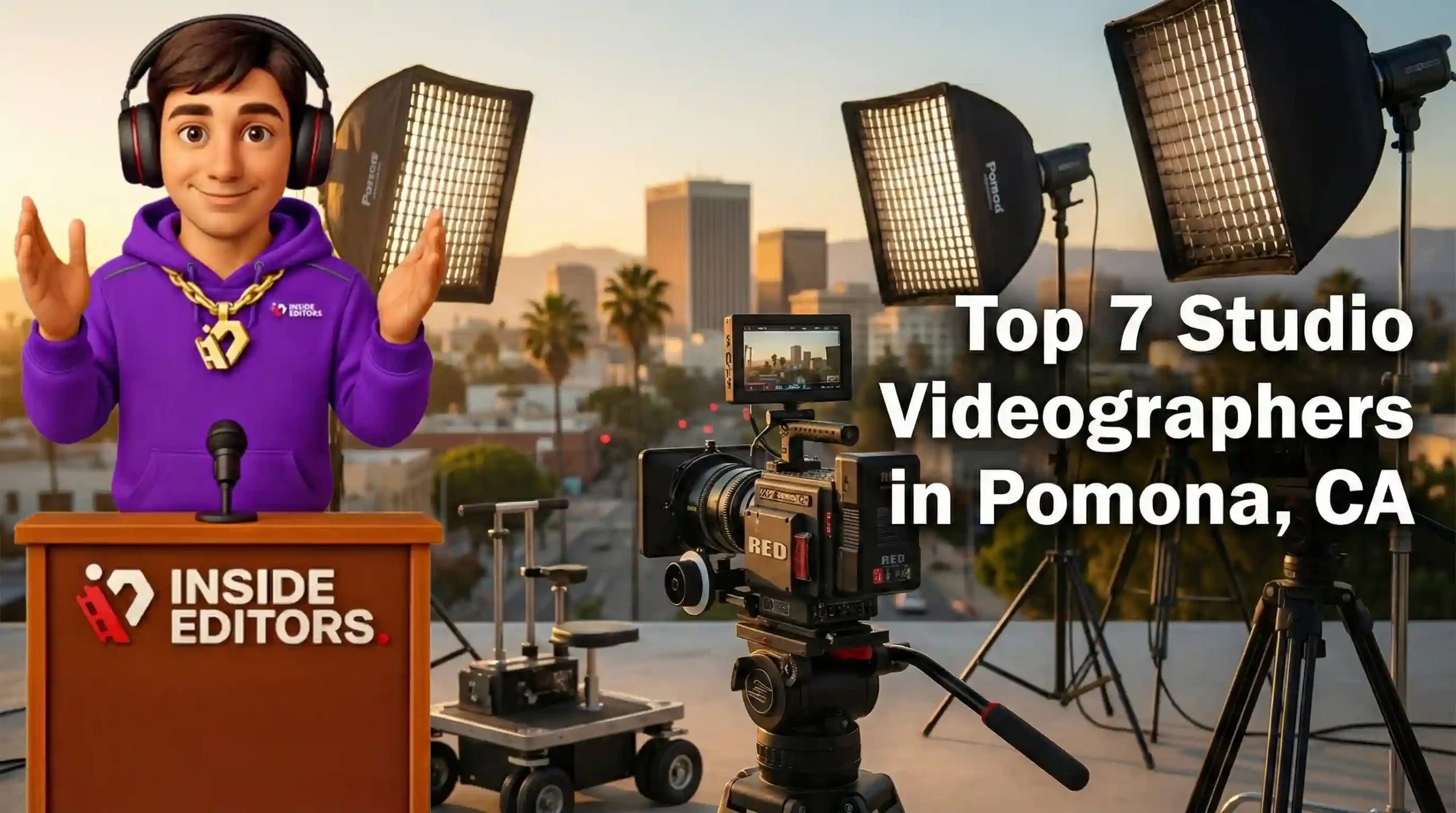 Professional Studio Videographers in Pomona, CA setting up lighting equipment for a corporate shoot