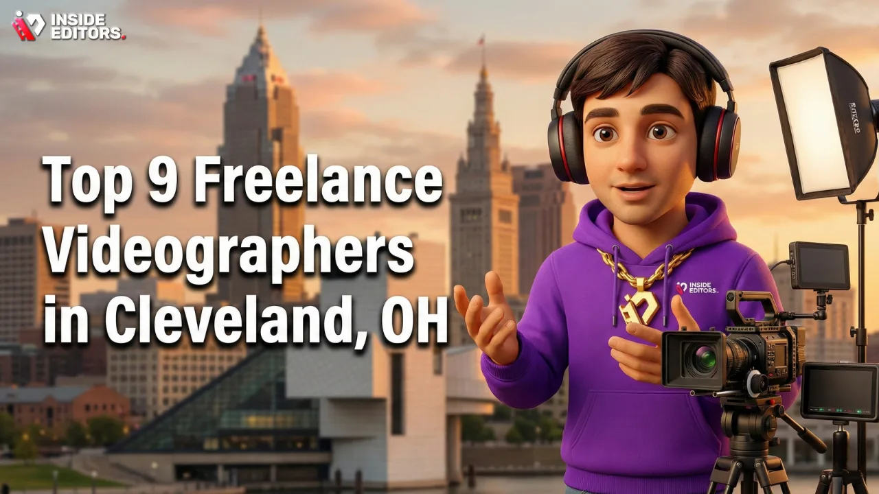A professional camera operator filming the Cleveland, OH skyline at sunset, representing Freelance Videographers in Cleveland, OH.
