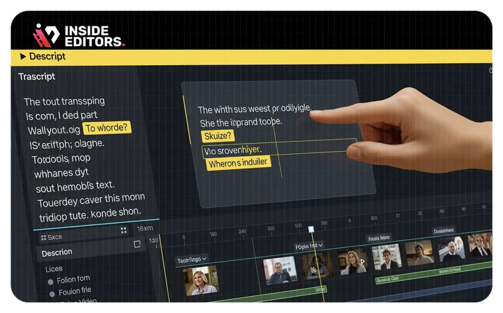Descript tutorial thumbnail image by Inside Editors, showing the AI video editor interface