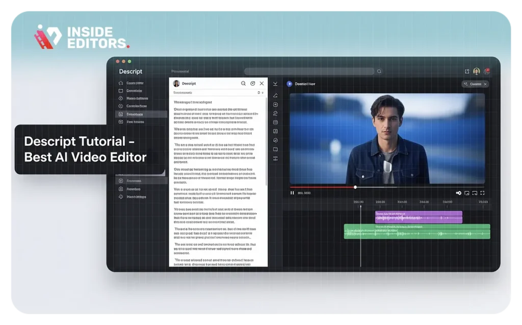 Descript tutorial thumbnail image by Inside Editors, showing the AI video editor interface