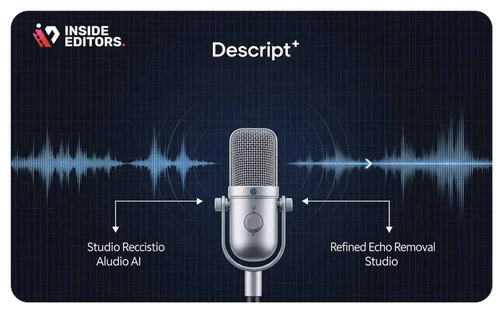 Descript tutorial thumbnail image by Inside Editors, showing the AI video editor interface